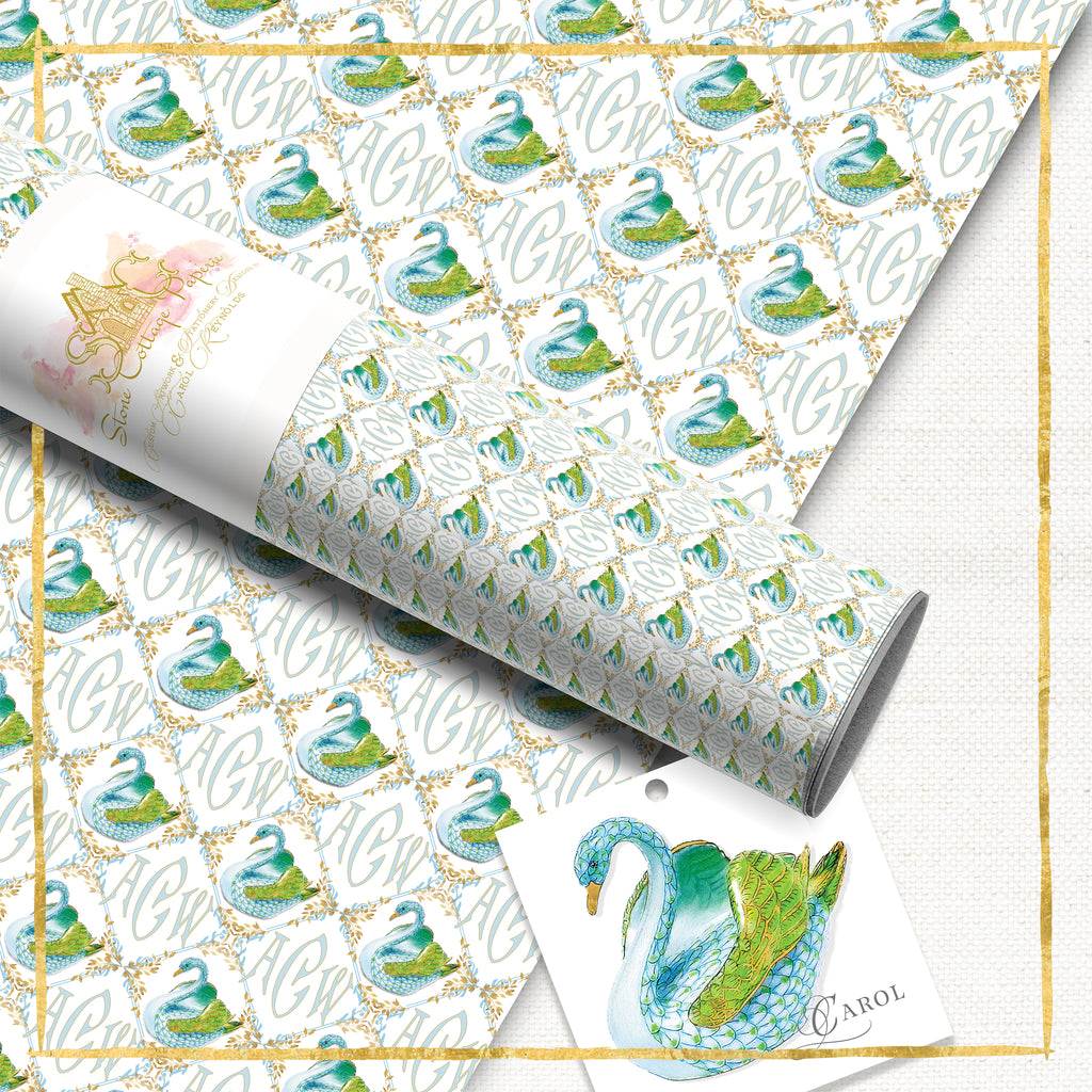 Monogrammed Summer Swan Wrapping Paper: Aqua